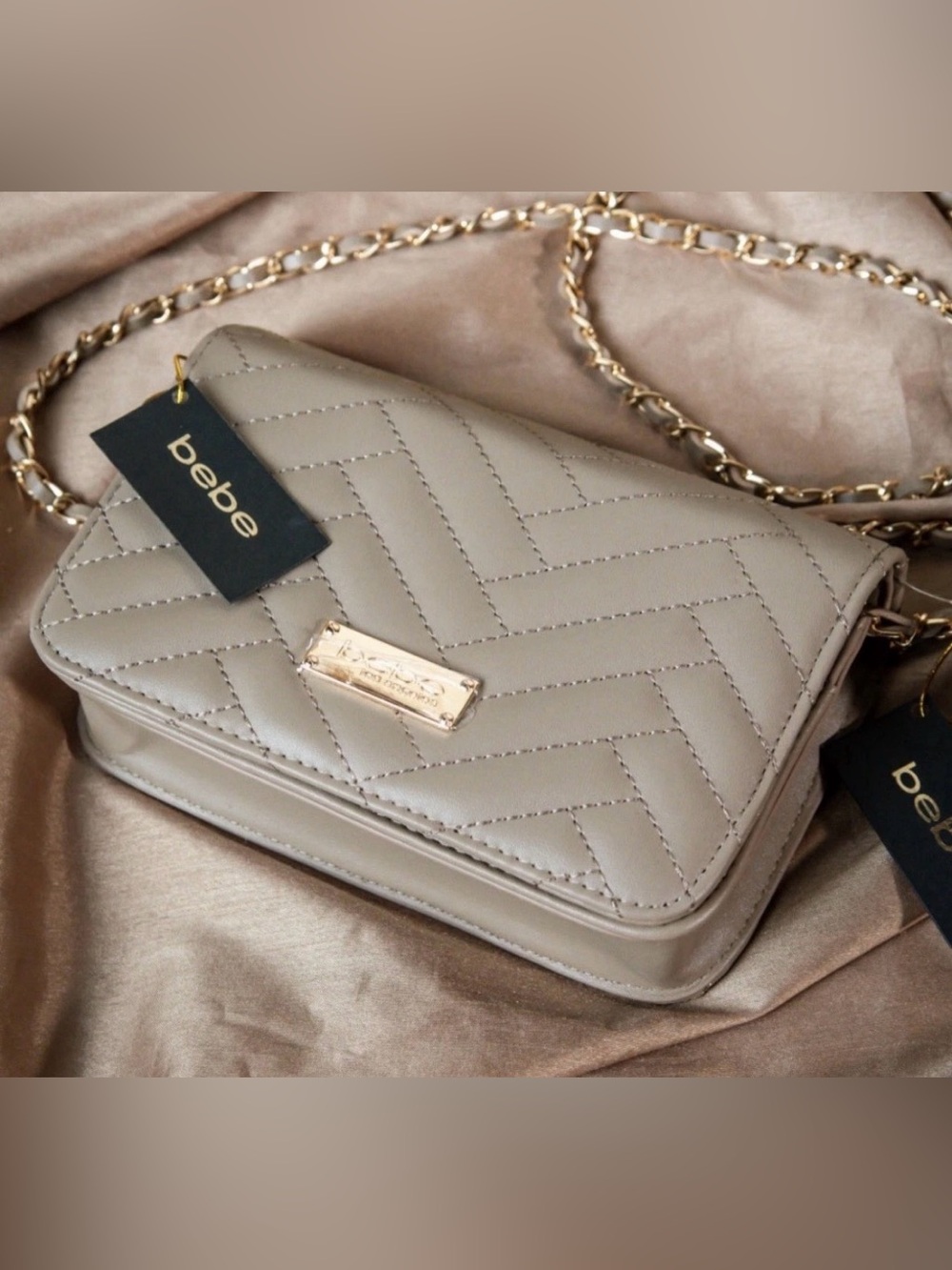 NWT bebe Quilted Crossbody Bag in Taupe with Gold Chain